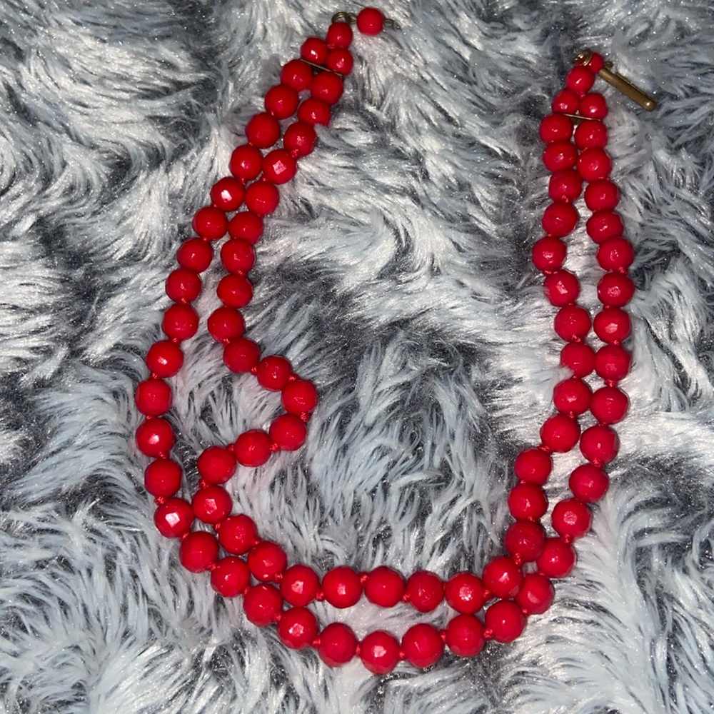 MCM vintage red faceted glass bead double strand choker necklace 13 inches